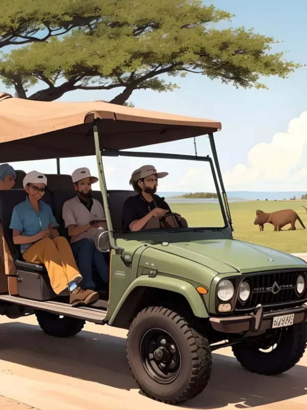 Family in an open sided vehicle exploring Serengeti National Park
