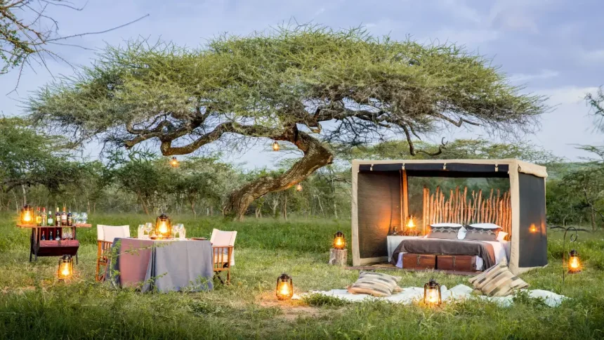 Couple on a romantic Tanzania honeymoon in the Serengeti