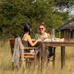 Guest on a Serengeti wellness safari mental reset departure sitting quietly at a Tanzania bush camp at dawn